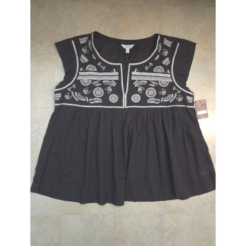 NWT Lucky Brand Dark Brow Boho Top with White Embroidery